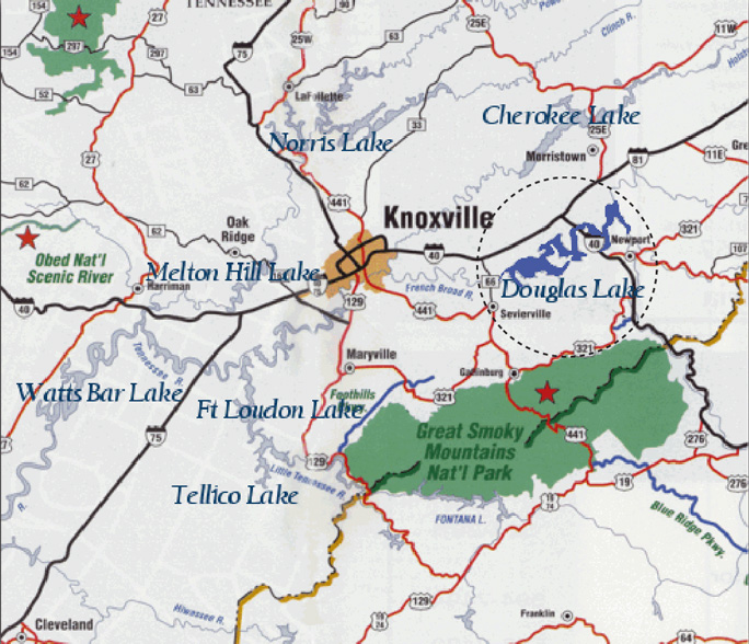 Area map of Douglas Lake near Great Smoky Mountains National Park and Knoxville